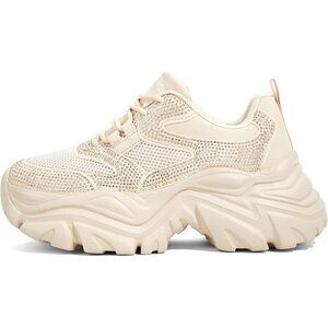Women's Chunky Sneakers Platform Leather Casual Shoes Wedge Beige Rhinestones